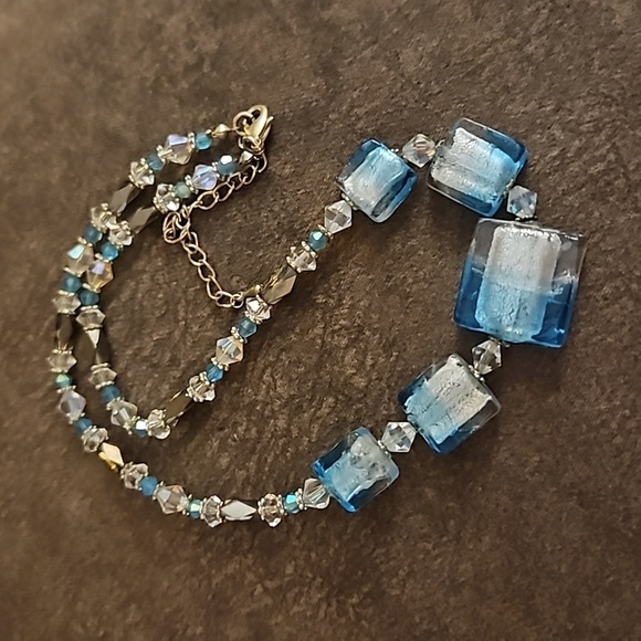 Vintage Aurora Borealis Crystal Lampwork Foil Glass Square Beaded Necklace - Picture 6 of 9
